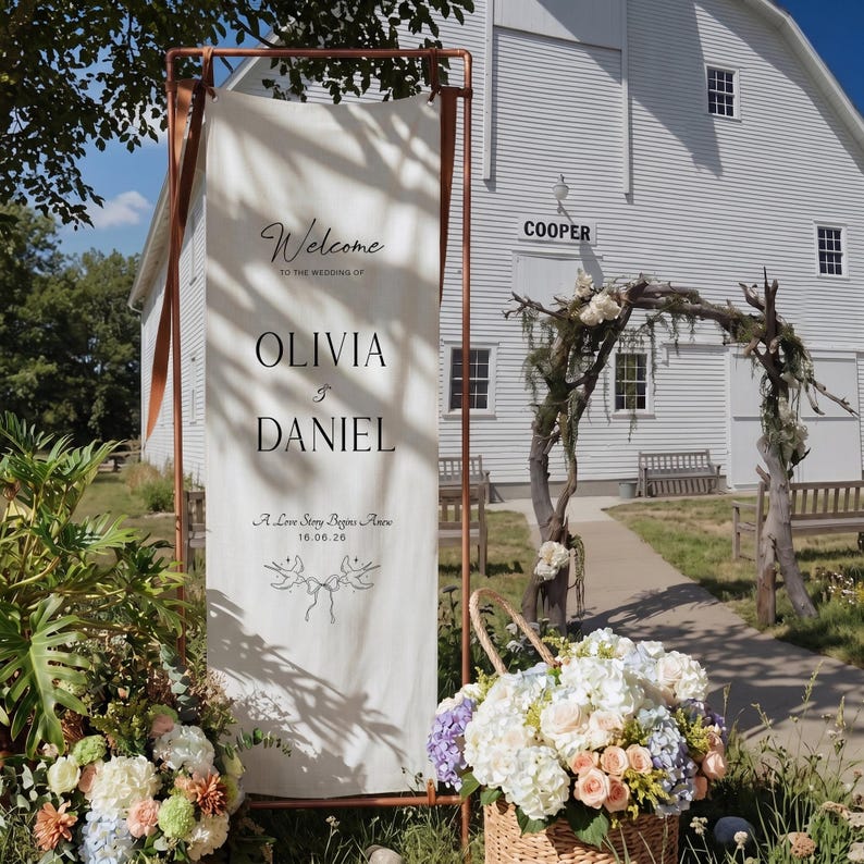 Personalized Linen Wedding Welcome Sign, Custom Fabric Banner, Modern Engagement Party Decor image 15