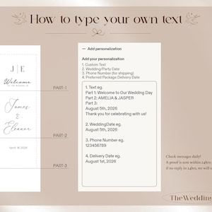 May include: An instructional graphic on a beige background titled How to type your own text. It displays a vertical white template divided into three sections labeled PART-1, PART-2, and PART-3, alongside a text box for personalization details.