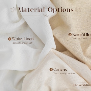 May include: A display of fabric swatches labeled Material Options. The image shows white linen, natural linen, and canvas. Text labels include 1 White Linen, 2 Natural linen, 3 Canvas, and TheWeddingism. The fabrics are draped in folds.