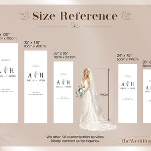 May include: A size reference chart for wedding welcome signs featuring five vertical rectangular banners with the text 'Welcome to the wedding of A H Amelia & Henry April 18 2026'. Dimensions range from 40x120 inches to 20x63 inches with a bride for scale.