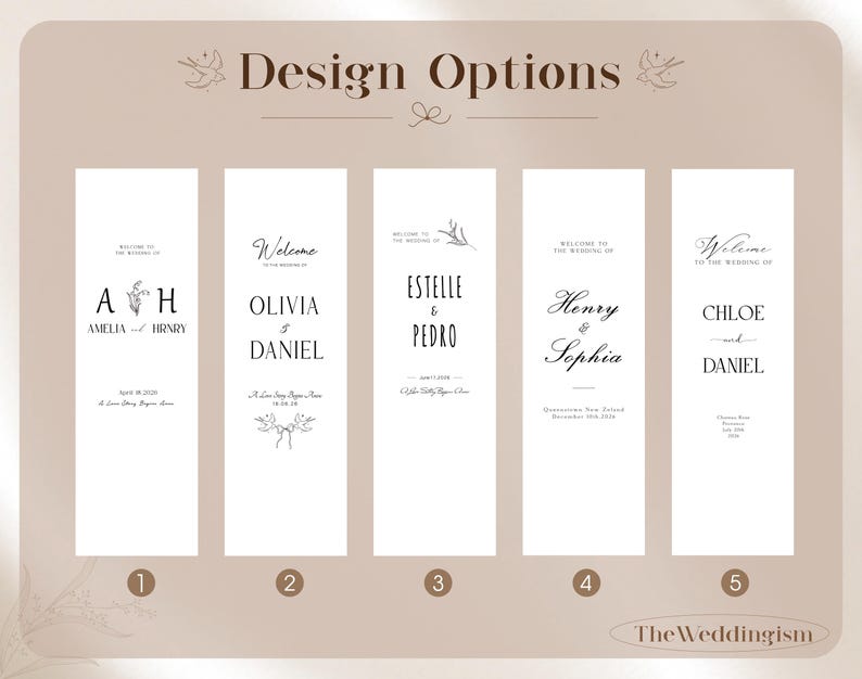 May include: A rectangular graphic titled Design Options displaying five vertical white wedding sign templates with black text. Each template features unique typography, names like Amelia and Henry, Olivia and Daniel, Estelle and Pedro, Henry and Sophia, and Chloe and Daniel, with dates and floral line art.