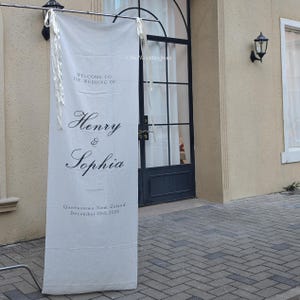Personalized Linen Wedding Welcome Sign, Custom Fabric Banner, Modern Engagement Party Decor image 12