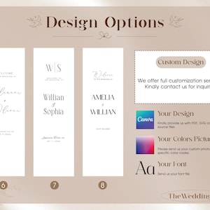 May include: A beige informational graphic titled Design Options displaying three vertical wedding sign templates numbered 6, 7, and 8. The right side lists custom design services, Canva file requirements, color and photo submission, and font file uploads.