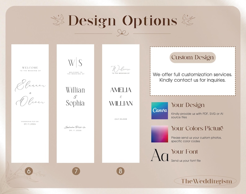 May include: A beige informational graphic titled Design Options displaying three vertical wedding sign templates numbered 6, 7, and 8. The right side lists custom design services, Canva file requirements, color and photo submission, and font file uploads.