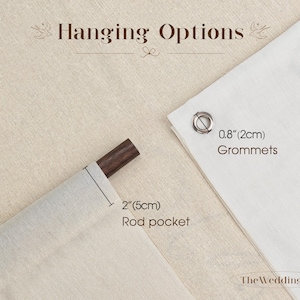 May include: A display showing hanging options for fabric banners. One option features a 2-inch rod pocket with a dark wooden rod, and the other shows a 0.8-inch metal grommet. The text reads Hanging Options and TheWeddingism.
