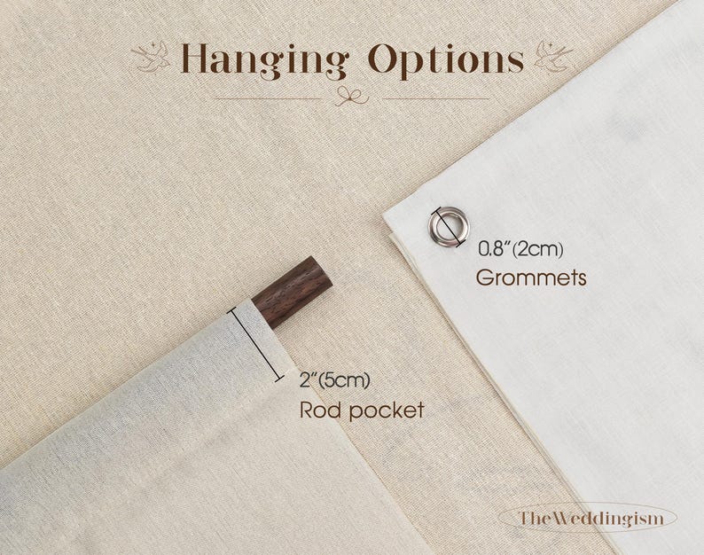 May include: A display showing hanging options for fabric banners. One option features a 2-inch rod pocket with a dark wooden rod, and the other shows a 0.8-inch metal grommet. The text reads Hanging Options and TheWeddingism.