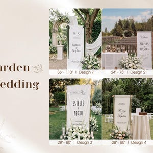 May include: Four vertical fabric wedding welcome signs displayed in outdoor settings. The signs feature black text on white fabric, with dimensions listed as 35" x 110", 24" x 75", 28" x 80", and 28" x 80". Each banner is suspended from a frame and decorated with floral arrangements.