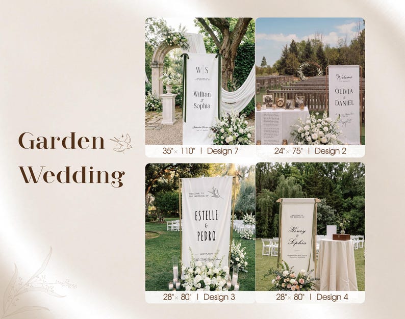 May include: Four vertical fabric wedding welcome signs displayed in outdoor settings. The signs feature black text on white fabric, with dimensions listed as 35" x 110", 24" x 75", 28" x 80", and 28" x 80". Each banner is suspended from a frame and decorated with floral arrangements.