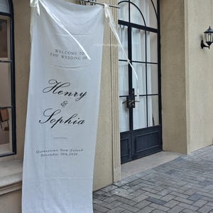 Personalized Linen Wedding Welcome Sign, Custom Fabric Banner, Modern Engagement Party Decor image 13