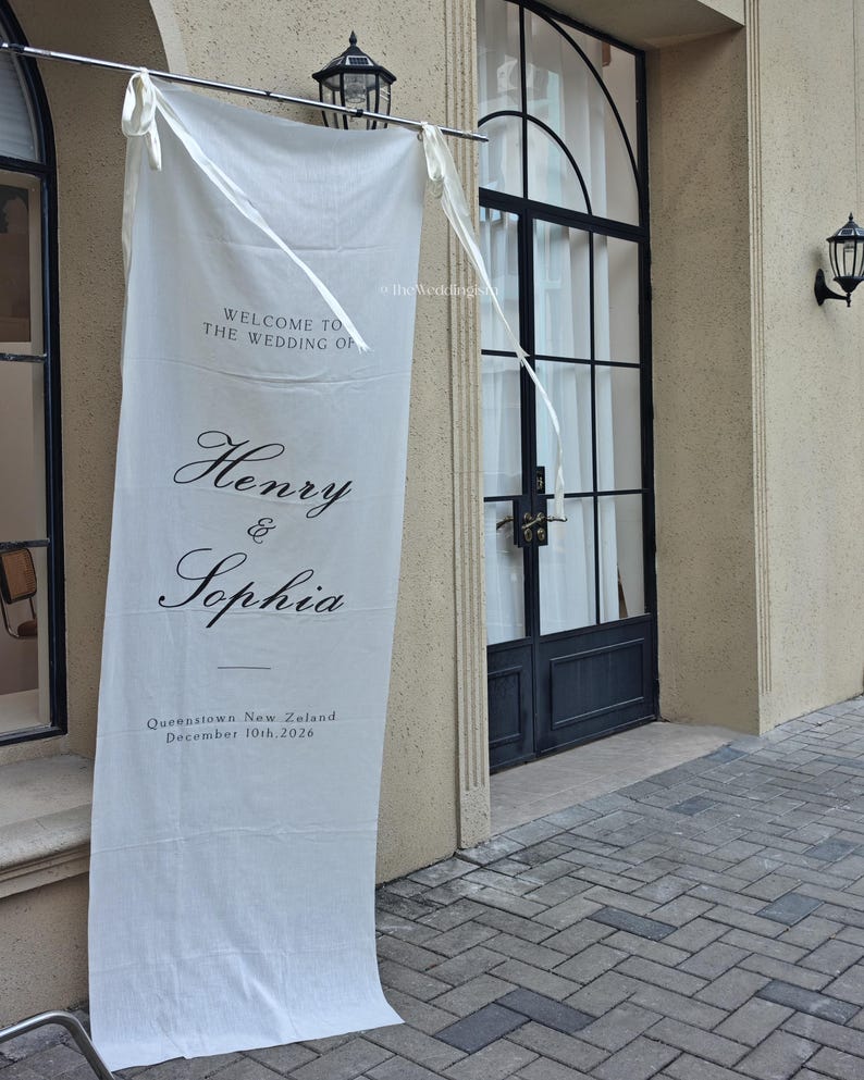 Personalized Linen Wedding Welcome Sign, Custom Fabric Banner, Modern Engagement Party Decor image 13