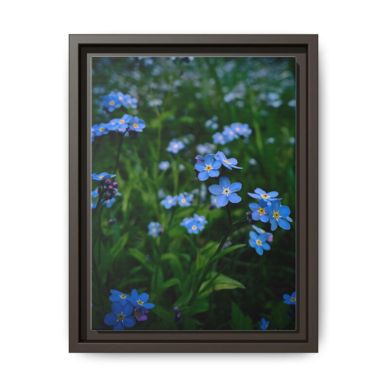Cuadro decorativo de pared en lienzo mate con marco y estampado floral de nomeolvides azules, 23 x 30 cm (vertical) imagen 5