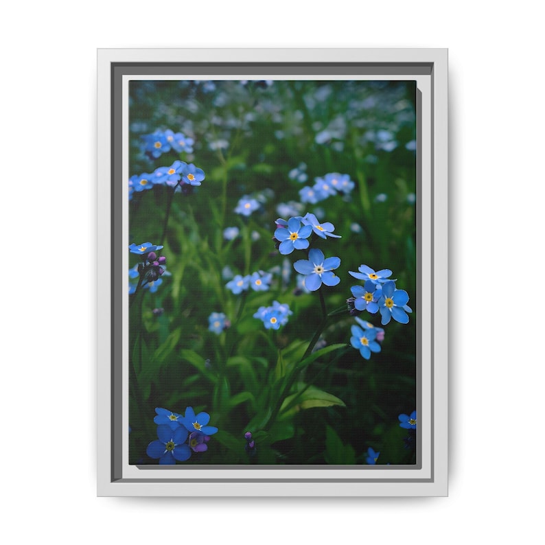 Cuadro decorativo de pared en lienzo mate con marco y estampado floral de nomeolvides azules, 23 x 30 cm (vertical) imagen 9