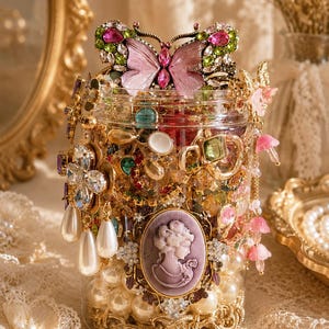 May include: A clear glass jar filled with assorted jewelry, including gold chains, white pearls, and colorful gemstones. A large butterfly brooch with pink and green crystals sits on top, and a purple oval cameo brooch is attached to the front.