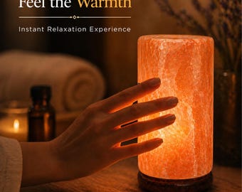 Lámpara cilíndrica de sal del Himalaya – Lámpara de cristal de pilar, luz nocturna natural, decoración de brillo cálido, iluminación minimalista, lámpara de sal hecha a mano