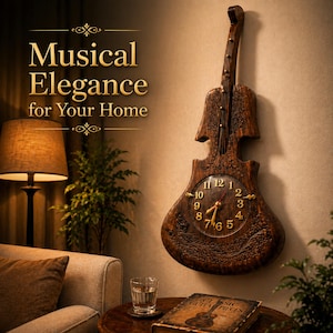 Hand Carved Wooden Guitar Wall Clock – Rustic Music Decor, Large Wall Clock 23x16, Music Lover Wall Art, Handmade Wood Clock