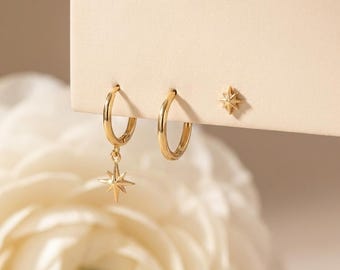 18K Gold Filled Star Earring Set, sierlijke oorringen, North Star Charm Drop, Minimal Stud Set, Ear Stack Jewelry Gift for Her