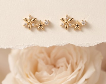 925 sterlingzilveren ster bloem CZ oorknopjes, sierlijke hemelse gouden bloemenstekers, minimalistische alledaagse sieraden cadeau voor haar