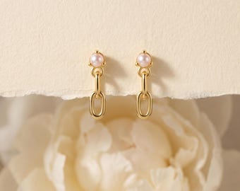925 sterlingzilveren gouden parelketting druppeloorbellen, sierlijke parelschakel dangle, minimalistische alledaagse sieraden cadeau voor haar
