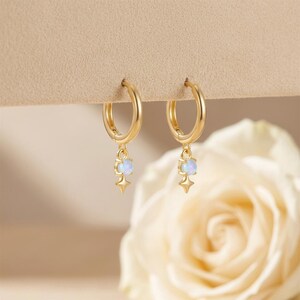 May include: A pair of gold hoop earrings with a small, round, opalescent stone and a star-shaped charm. The earrings are hanging against a neutral background, with a blurred white rose in the background.