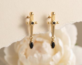 925 Sterling Silver Black Dagger Sword Drop Earrings Gold Gothic Dangle Black Minimalist Statement Gift for Her