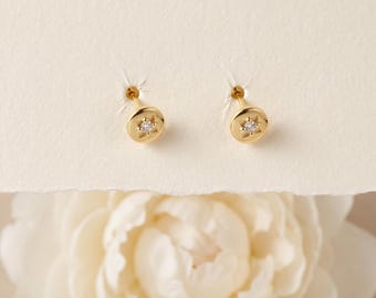 925 Sterling Silver Gold Round CZ  Star Stud Earrings, Minimal Dainty Everyday Elegant Everyday Wear Jewelry Gift for Her