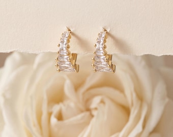 925 Sterling Silver Geometric CZ Hoop Earrings, Gold Tone Baguette Crystal Huggie Drop Earrings, Minimal Elegant Statement