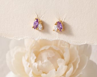 925 Sterling Silver Purple Marquise Cluster Stud Earrings, Gold Tone Geometric Crystal Drop Studs, Elegant Gift for Women