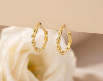 18K Gold Filled Twisted Hoop Earrings, Dainty Rope Huggie Hoops, Minimalist Everyday Gold Earrings, Classic Statement Pair