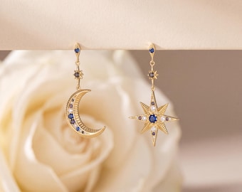 925 Sterling Silver Moon Star Drop Earrings Celestial Crescent Sunburst Dangle Stud Earrings Blue CZ Elegant Gift for Her Minimal Jewelry