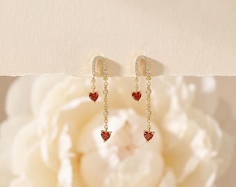 925 Sterling Silver Gold CZ Arch Hoop Red Heart Drop Earrings, Dainty Chain Dangle Earrings, Minimalist Romantic Gift for Her