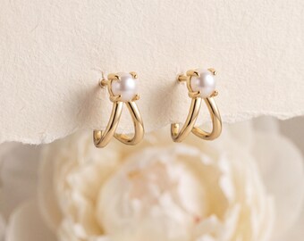 925 Sterling Silver Double Hoop Stud Jewelry Gold Tone Minimal Huggie Design, Lustrous Bead Drop, Elegant Gift for Women