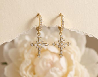 925 Sterling Silver Gold CZ Cross Dangle Hoop Earrings, Pave Cross Drop Earrings, Dainty Minimalist Jewelry Gift for Her
