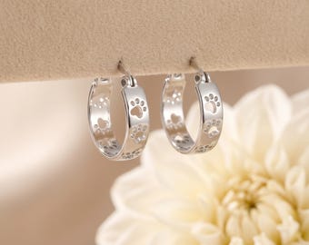 18K Silver Filled Dog Paw Hoop Earrings, Cutout Cat Paw Print Huggies, Gift for Her