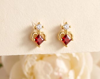 925 Sterling Silver Red CZ Heart-shaped Drop Stud, Gold Plated Ruby Crystal Pendant, Romantic Gift for Her