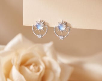 925 Sterling Silver Sun Star Opal CZ Stud Drop Earrings Celestial Dainty Dangle Jewelry Gift for Her