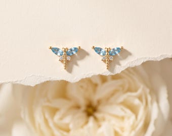 925 Sterling Silver Gold Blue Dragonfly CZ Stud Earrings, Elegant Minimal Dainty Insect Earrings, Everyday  Jewelry Gift for Her