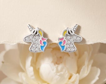 925 Sterling Silver Unicorn Stud Earrings, Colorful Enamel Cute Dainty Earrings, Magical Fantasy Jewelry Gift for Girls Her