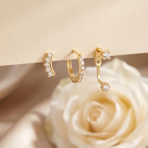 925 Sterling Silver Ear Stack Set, CZ Curved Climber Stud & Pavé Hoop Earrings, Minimal Cartilage Helix Tragus Jewelry Gift for Her