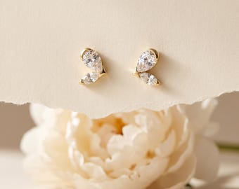 925 Sterling Silver Gold Teardrop CZ Stud Earrings, Elegant Dainty Minimal Drop Earrings, Everyday Jewelry Gift for Her