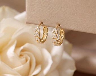 925 Sterling Silver Gold Tone Heart CZ Braided Hoop Earrings, Pave Crystal Heart Huggie Hoops, Elegant Minimal Love Jewelry Gift for Women