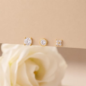 925 Sterling Silver CZ Stud Earrings Set, Round Solitaire & Bezel Crystal Studs, Dainty Ear Stack Cartilage Jewelry Gift
