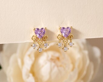 925 Sterling Silver Purple Heart CZ Drop Earrings, Gold Tone Crystal Dangle Cluster, Romantic Statement Gift for Women
