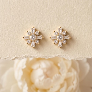 925 Sterling Silver Starburst Crystal Studs, Baguette & Round Crystal Cluster Studs, Radiant Statement Studs, Dainty Gift
