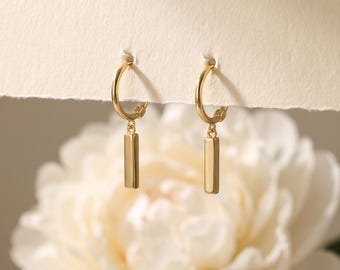 925 Sterling Silver Gold Plated Bar Drop Huggie Earrings, Minimalist Bar Dangle Hoops, Geometric Dainty Jewelry Gift for Her