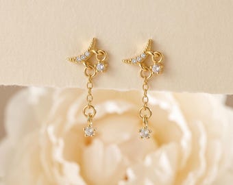 925 Sterling Silver Crescent Moon Chain Dangle Earrings, CZ Drop Celestial Minimalist Earrings, Dainty Everyday Gift for Her Jewelry