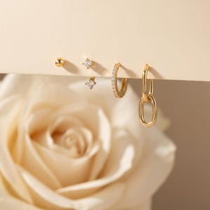 18K Gold Filled 4 Piece Earrings, Minimalist Stud and Huggie Hoop Link Dangle Design, Dainty Ear Stack Jewelry Gift for Her