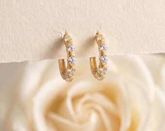 925 Sterling Silver Gold Plated CZ Hoop Earrings Pavé Huggie Hoops Dainty Minimal Everyday Gift for Her Luxury Jewelry