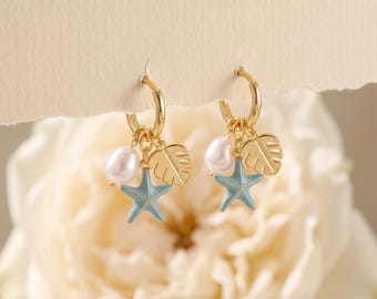 925 Sterling Silver Gold Hoop Starfish Pearl Leaf Charm Huggie Hoop Earrings, Coastal Beach Dangle Jewelry Gift for Her