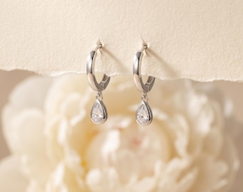 925 Sterling Silver CZ Teardrop Drop Hoop Earrings, Dainty Crystal Dangle Hoops, Minimalist Everyday Jewelry Gift for Her