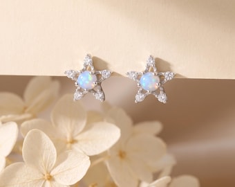 925 Sterling Silver Star Stud Earrings Opal CZ Celestial Earrings Minimal Dainty Sparkle Earrings Gift for Her Everyday Jewelry